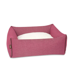 KONA CAVE® designer bolster dog bed in elegant pink herringbone fabric with leather trim.  Rosa Hundebett