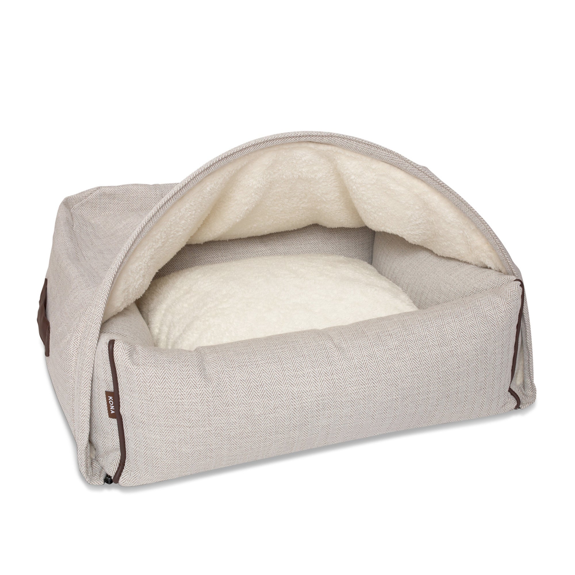 KONA CAVE® designer Snuggle Cave dog bed in cream herringbone fabric with leather trim.  Hund Höhlenbett.