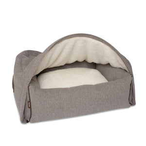 KONA CAVE® designer snuggle cave dog bed in luxury fabric. Hooded dog bed in grey flannel. Höhle Hundebett